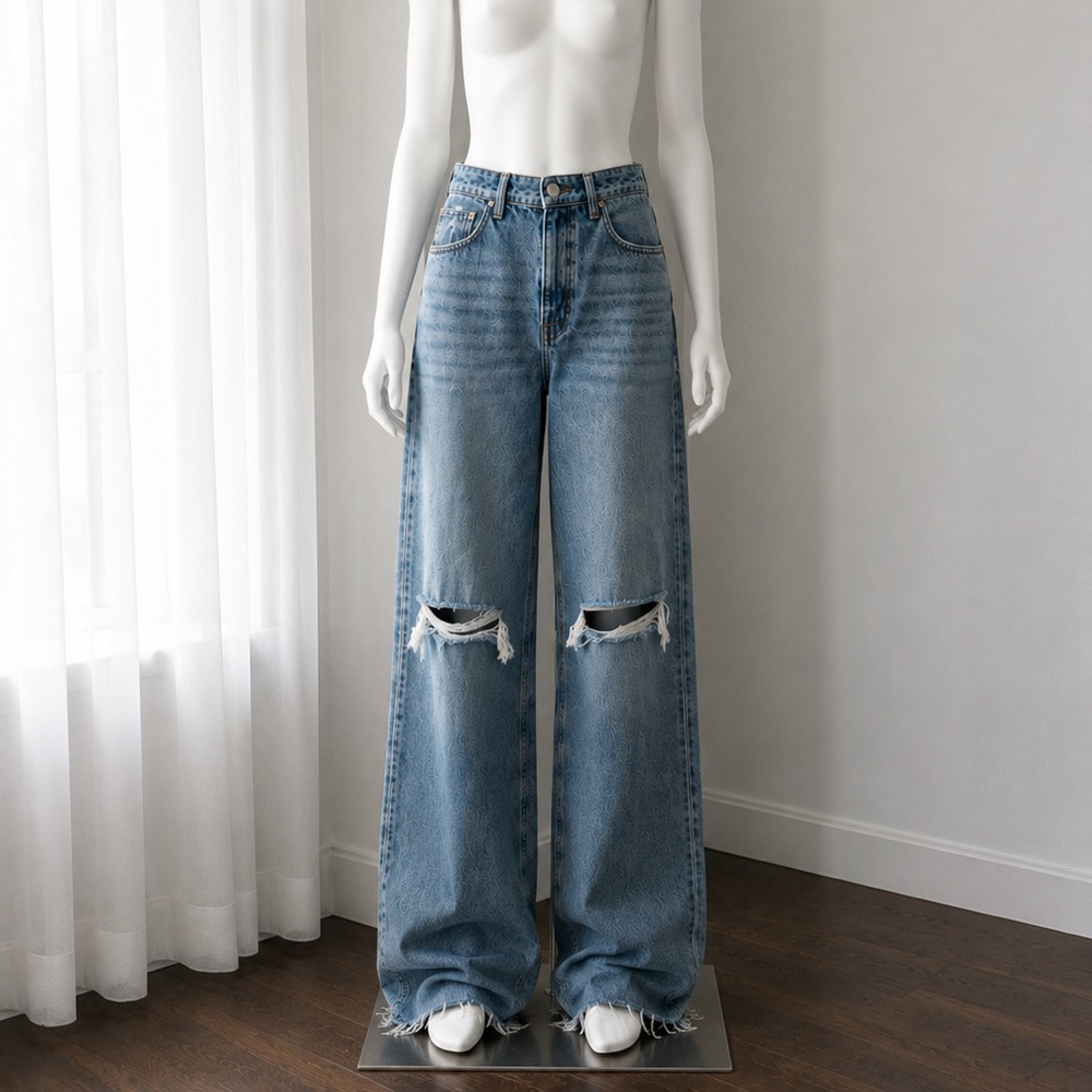 90s Light Blue Distressed High-Waist Straight Jeans Baggy SIZE 38/6